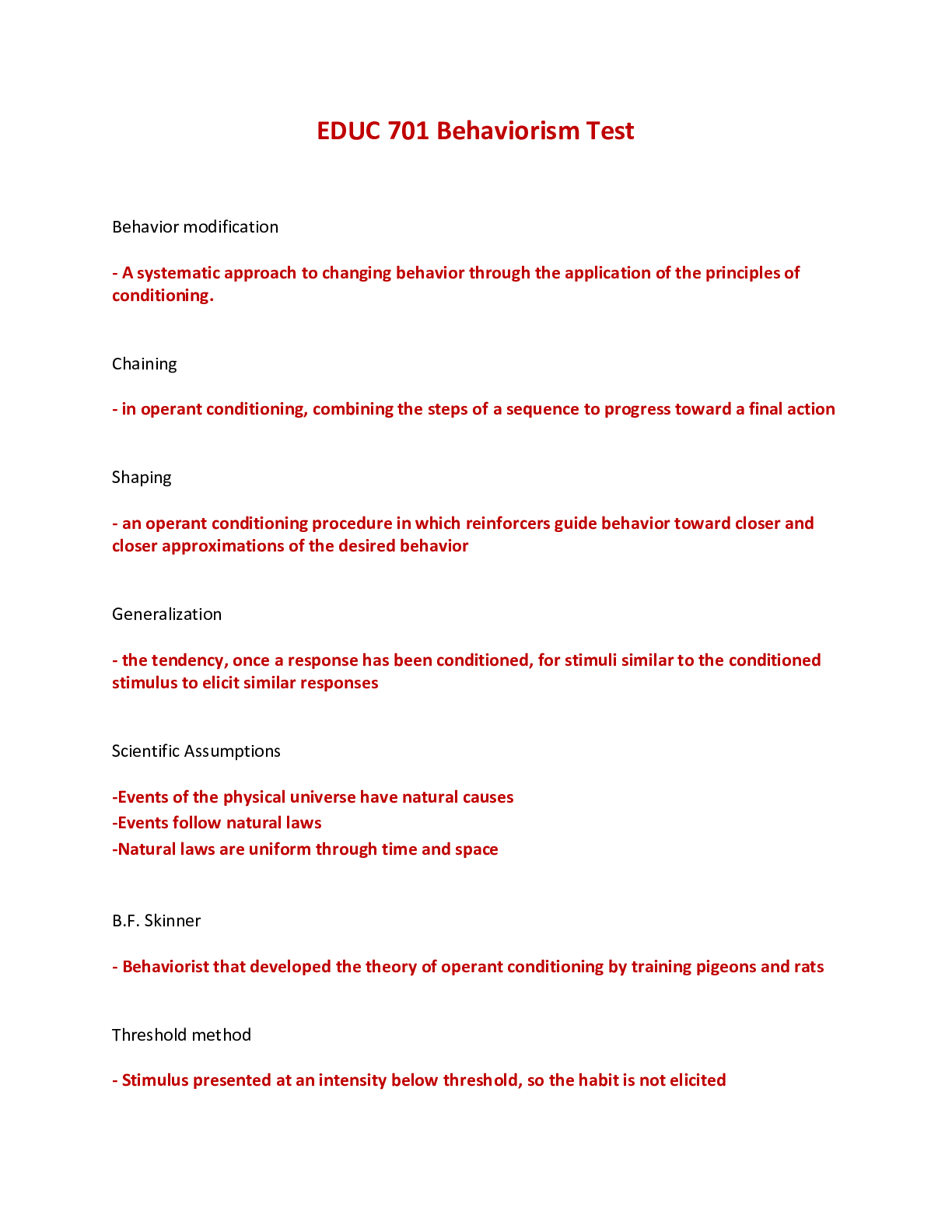 Preview of EDUC 701 Behaviorism Test - Liberty University